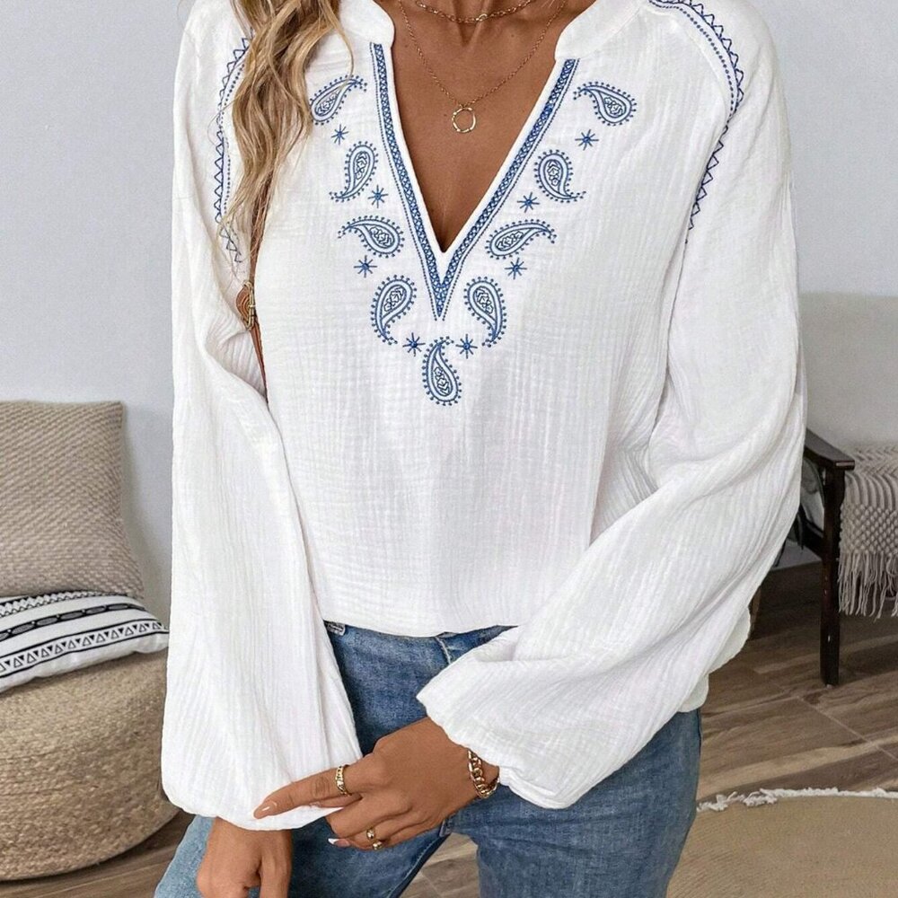 Paisley Pattern Notched Long Sleeve Blouse - Picture 2 of 6